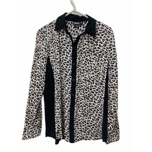 DKNY women's button down cheetah print white black blouse size Petite
